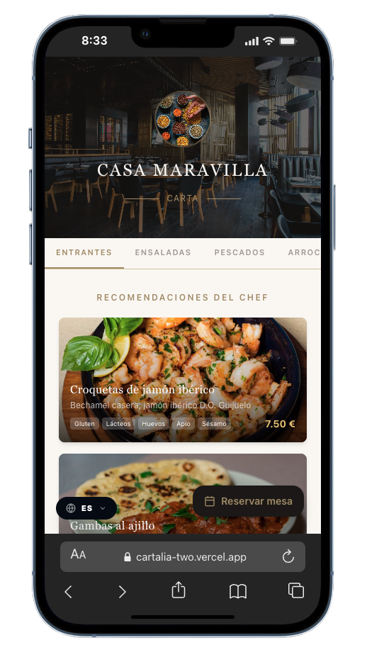 Interfaz móvil responsiva de la carta digital con QR